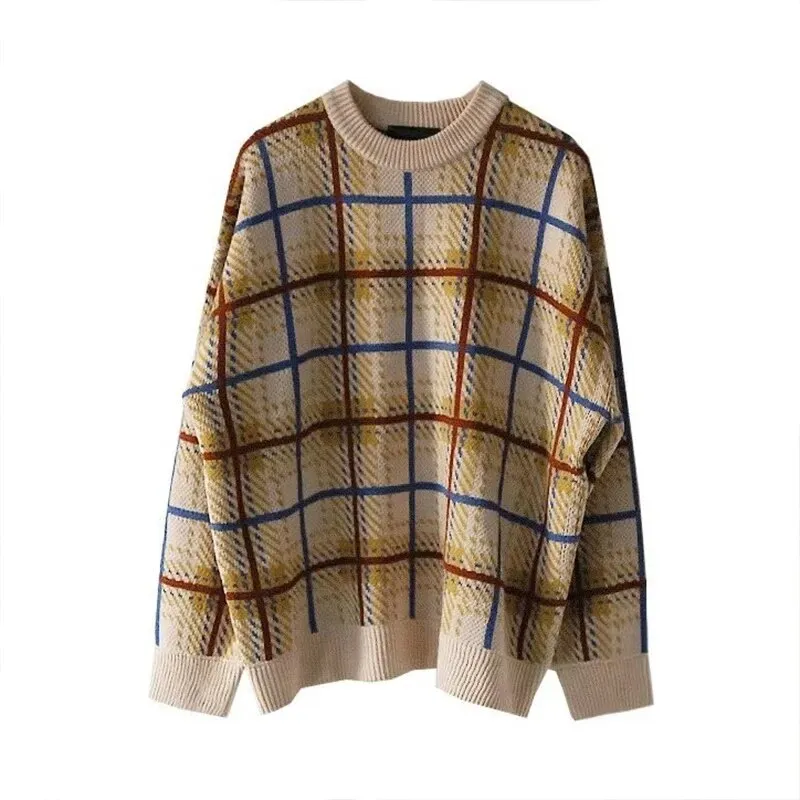 Wiaofellas Knitted Plaid Light Luxury Pullovers Sweater Men Casual Vintage O Neck Loose Long Sleeve T-shirt Streetwear Autumn