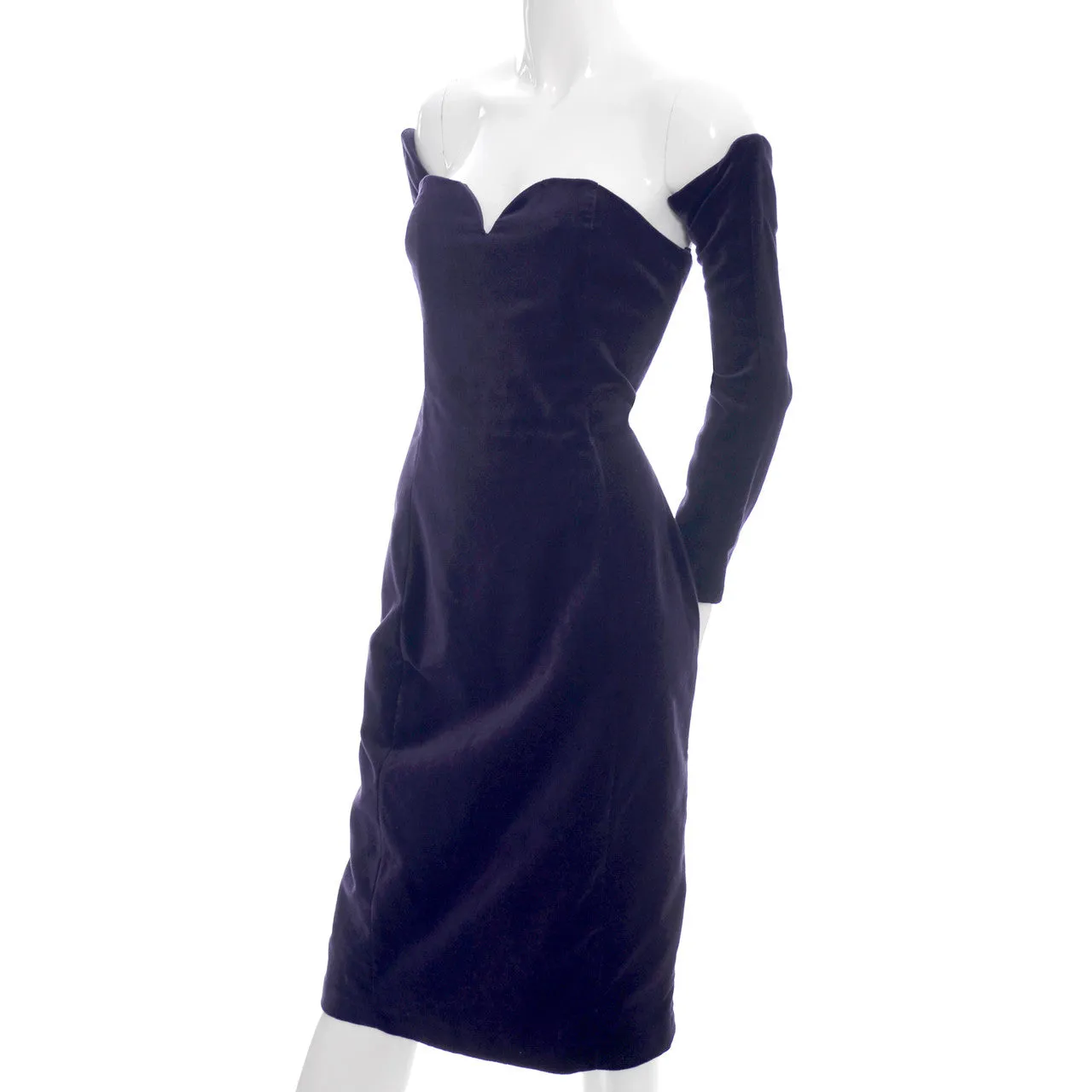 William Travilla purple velvet vintage designer dress with detached sleeves