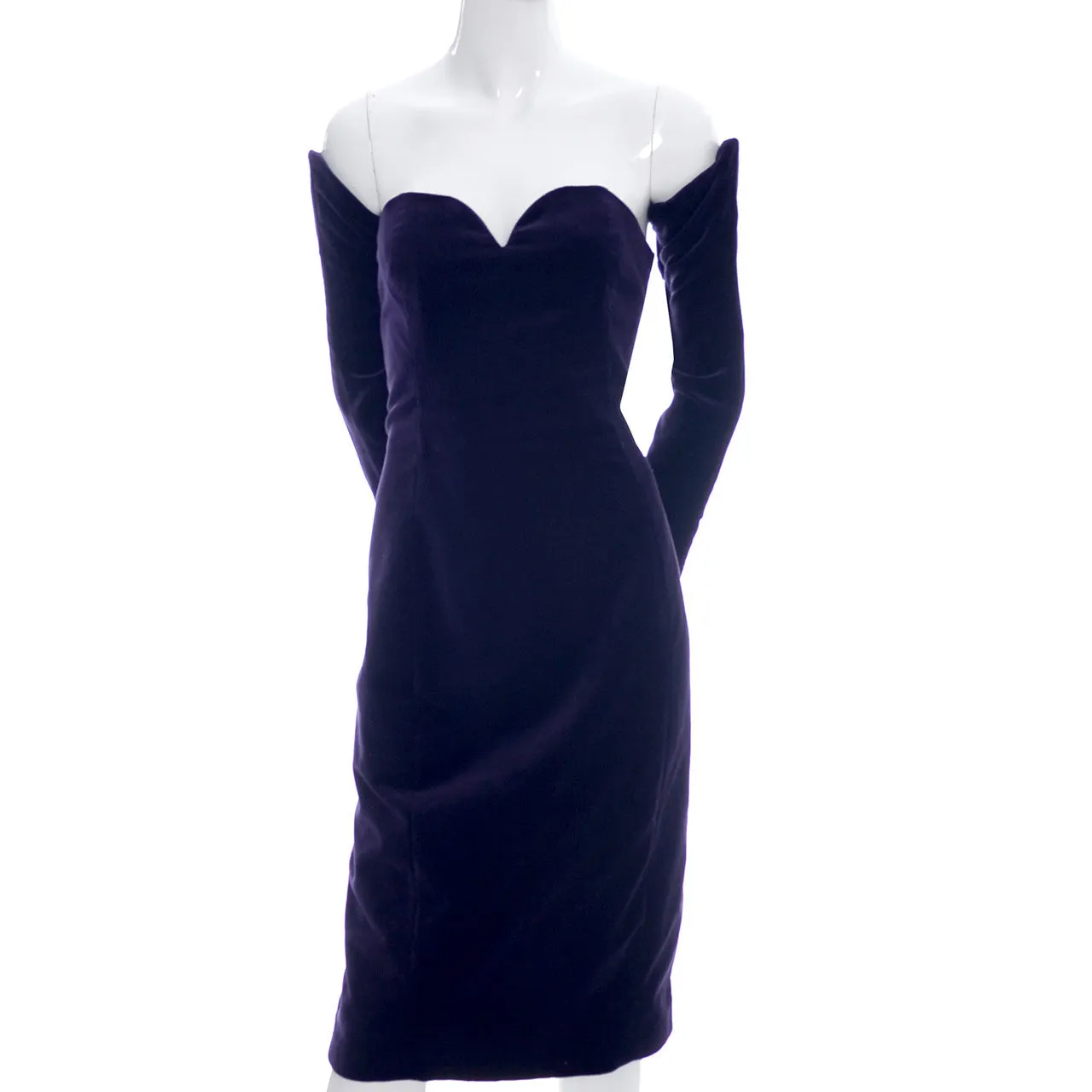 William Travilla purple velvet vintage designer dress with detached sleeves