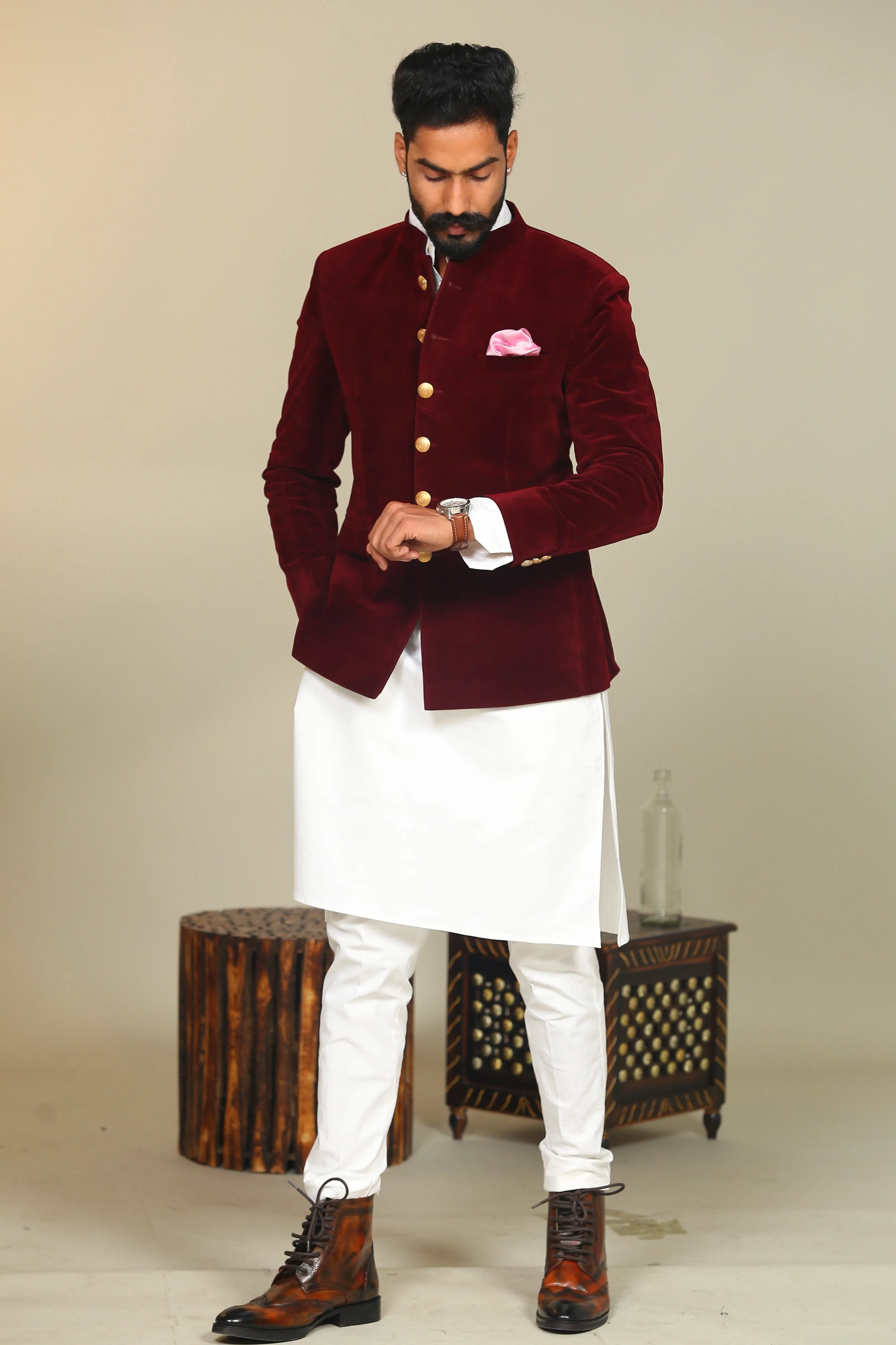 Wine Color Velvet Blazer With Kurta Pajama