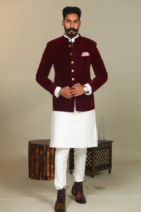 Wine Color Velvet Blazer With Kurta Pajama