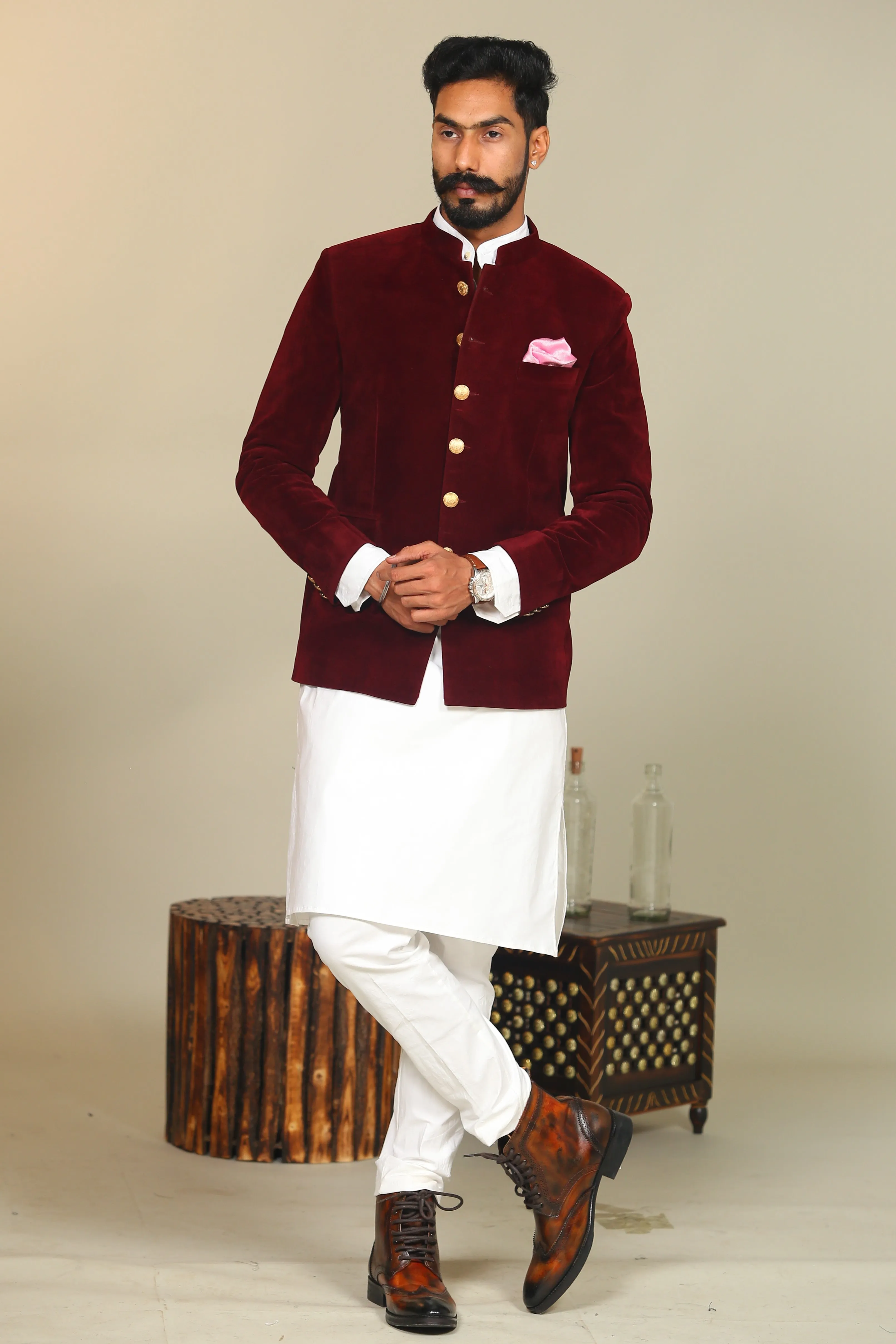 Wine Color Velvet Blazer With Kurta Pajama