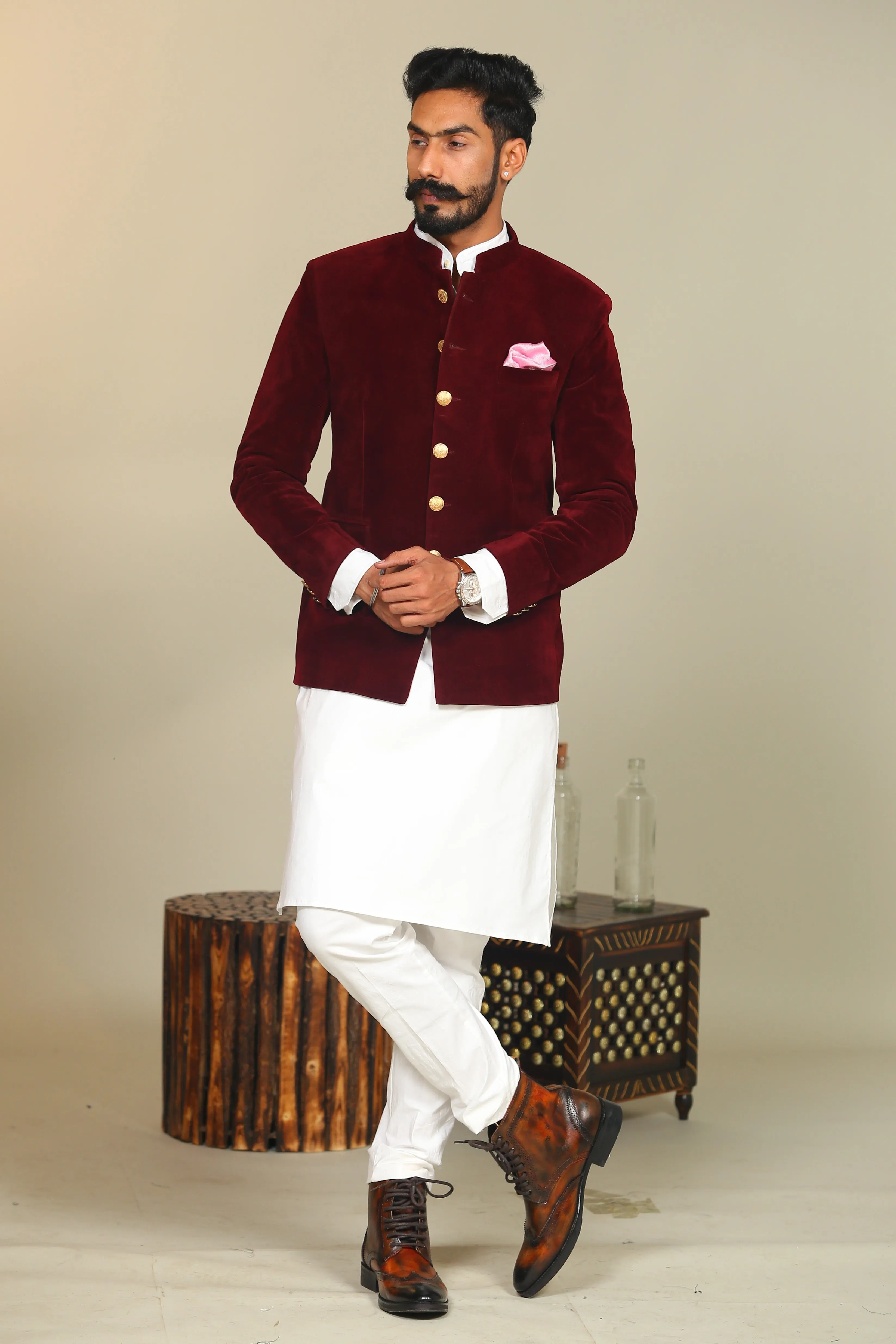 Wine Color Velvet Blazer With Kurta Pajama