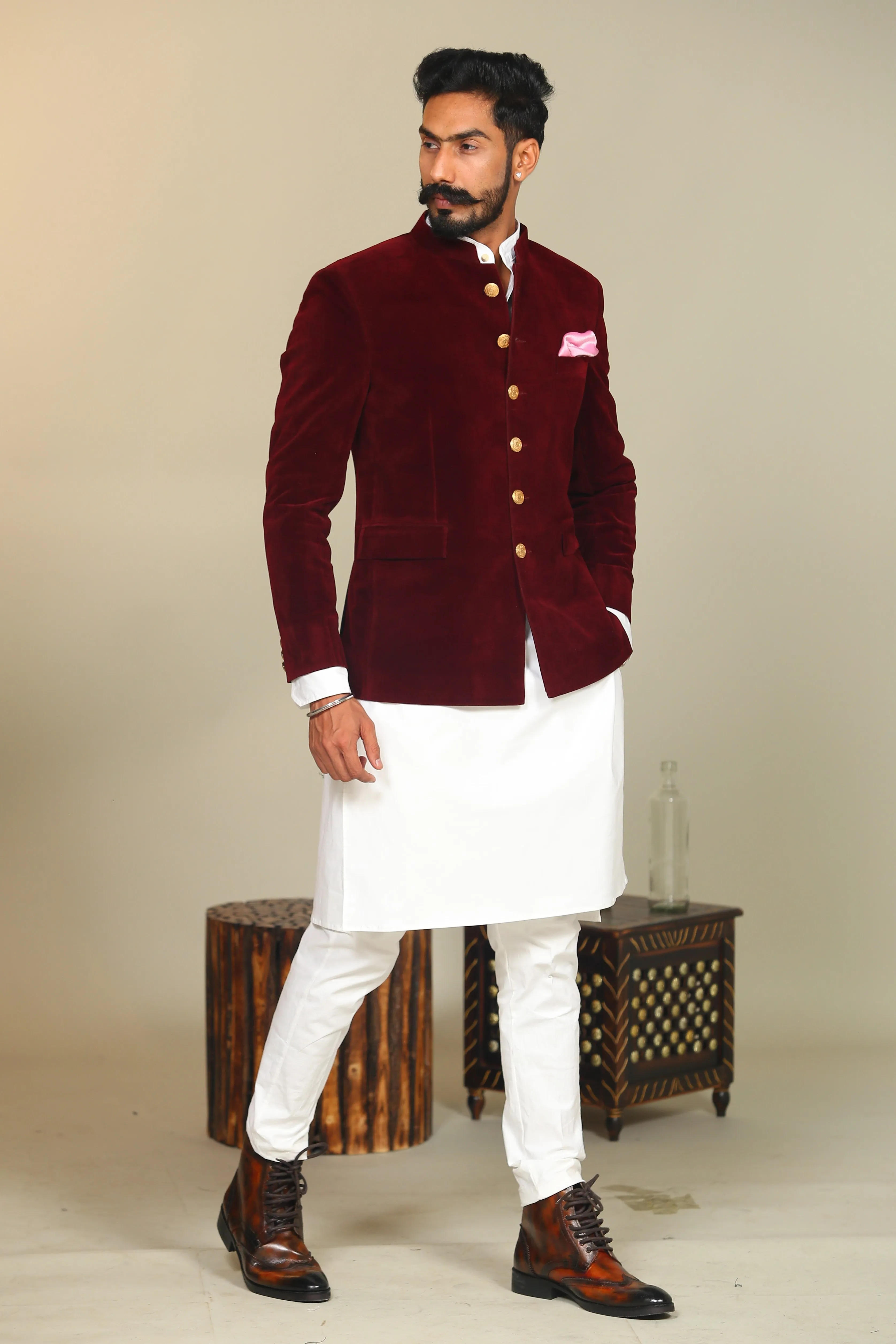 Wine Color Velvet Blazer With Kurta Pajama