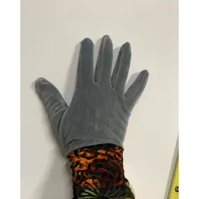 Winter repurposed up cycled recycled sweaters into full finger gray velvet gloves