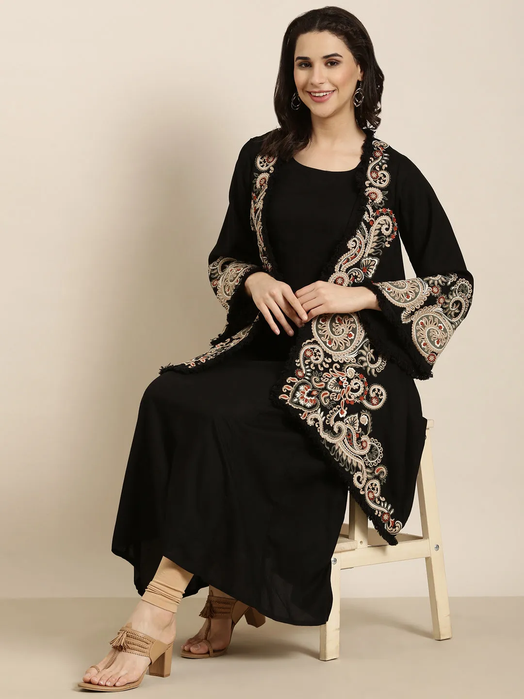 Women A-Line Black Solid Kurta Comes With Overcoat