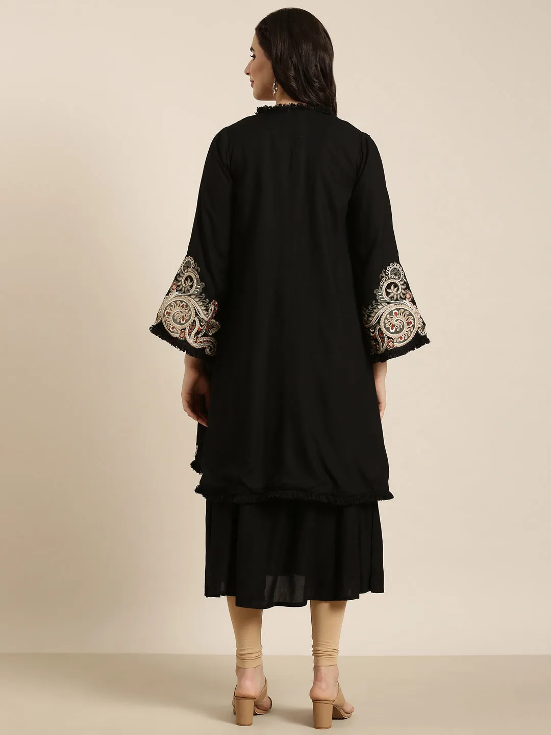 Women A-Line Black Solid Kurta Comes With Overcoat