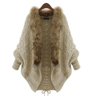 Women Cardigan Bat Faux Fur Cardigan Sweater