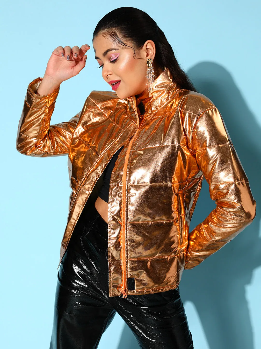 Women Copper Metallic Puffer Jacket