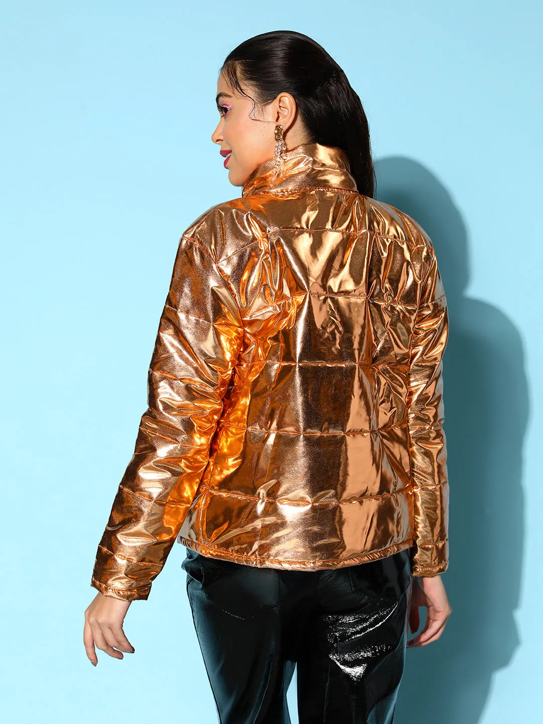 Women Copper Metallic Puffer Jacket