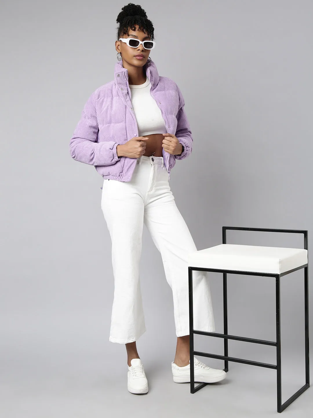 Women Solid Lavender Puffer Jacket