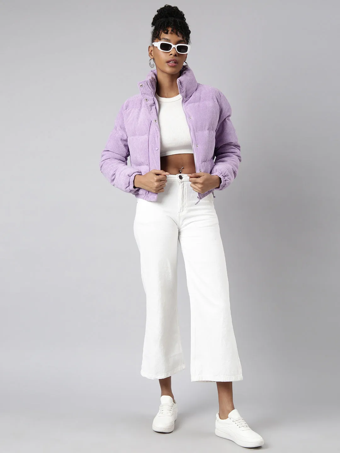 Women Solid Lavender Puffer Jacket