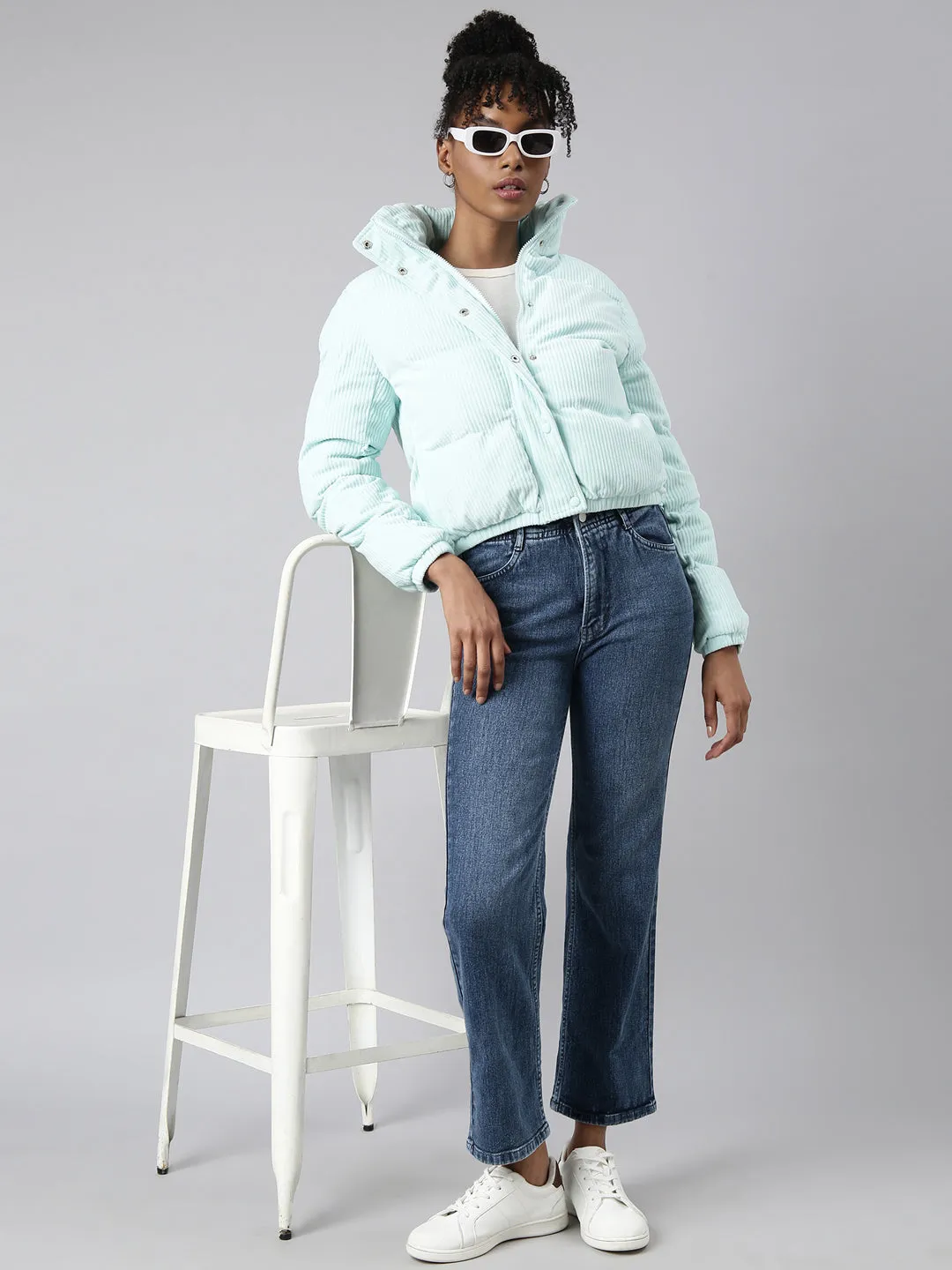 Women Solid Sea Green Puffer Jacket