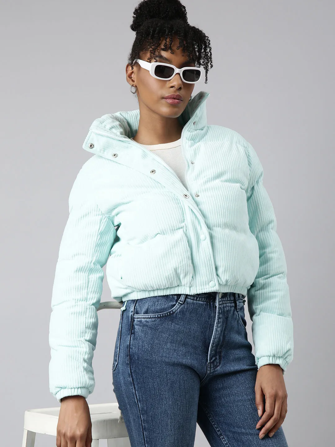 Women Solid Sea Green Puffer Jacket