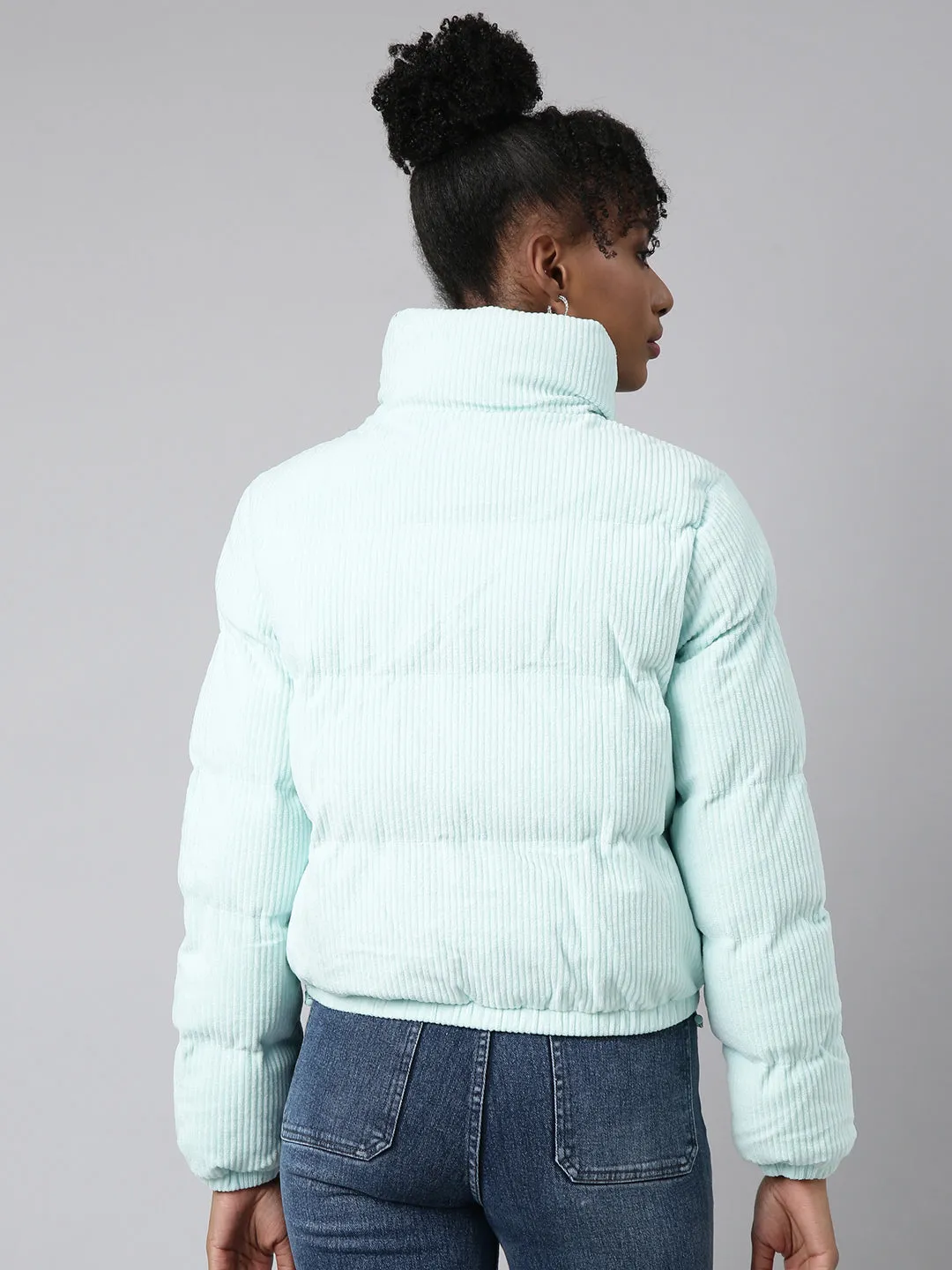 Women Solid Sea Green Puffer Jacket