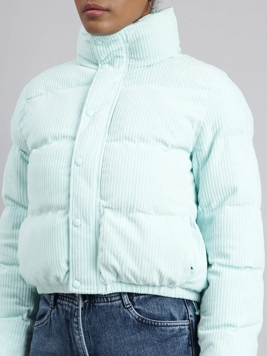 Women Solid Sea Green Puffer Jacket