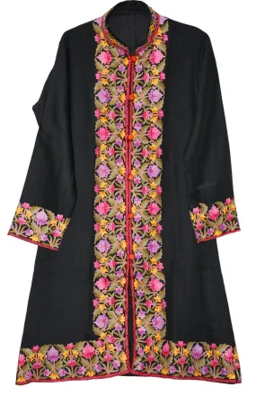 Woolen Coat Long Jacket Black, Multicolor Embroidery #BD-123